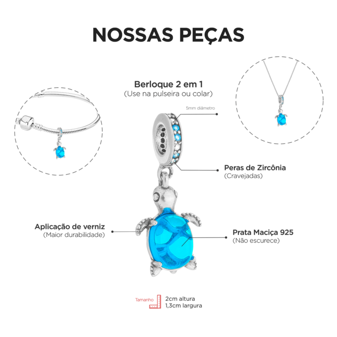 Berloque Tartaruga Cravejada Azul em Prata 925