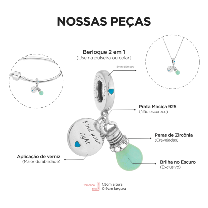 Berloque Lâmpada Brilha Escuro Cravejada em Prata 925