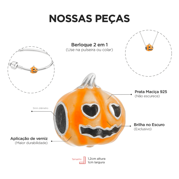 Berloque Abóbora Halloween Brilha Escuro Separador em Prata 925