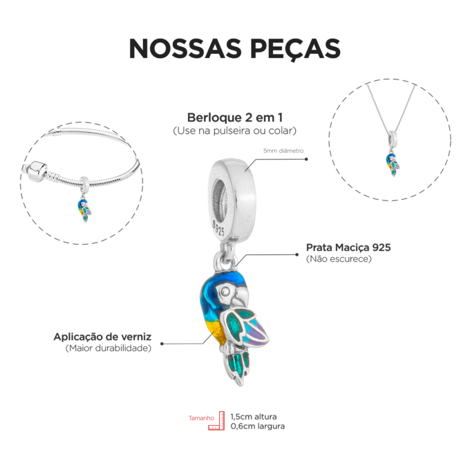 Berloque Papagaio Arara em Prata 925
