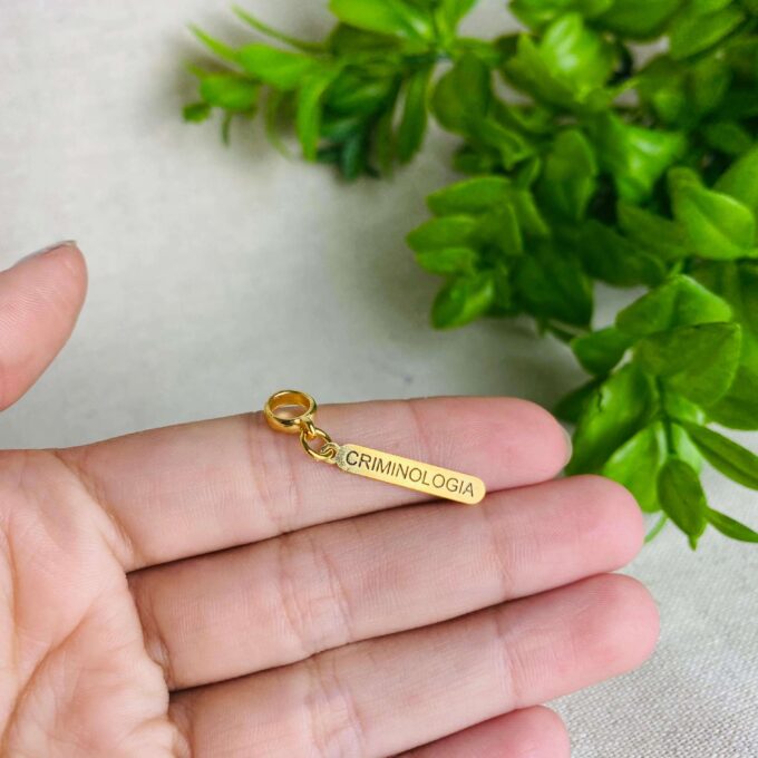 Berloque Plaquinha Criminologia Banhado a Ouro 18k