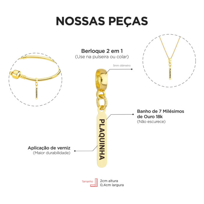 Berloque Plaquinha Artesã Banhado a Ouro 18k