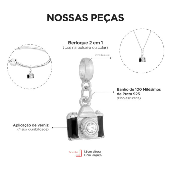 Berloque Câmera Fotográfica Banhado a Prata 925