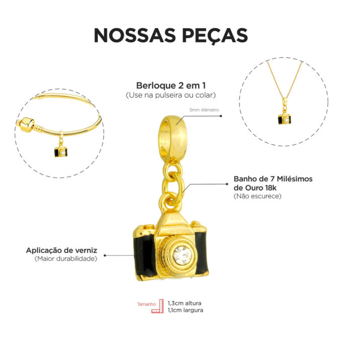 Berloque Câmera Fotográfica Banhado a Prata 925