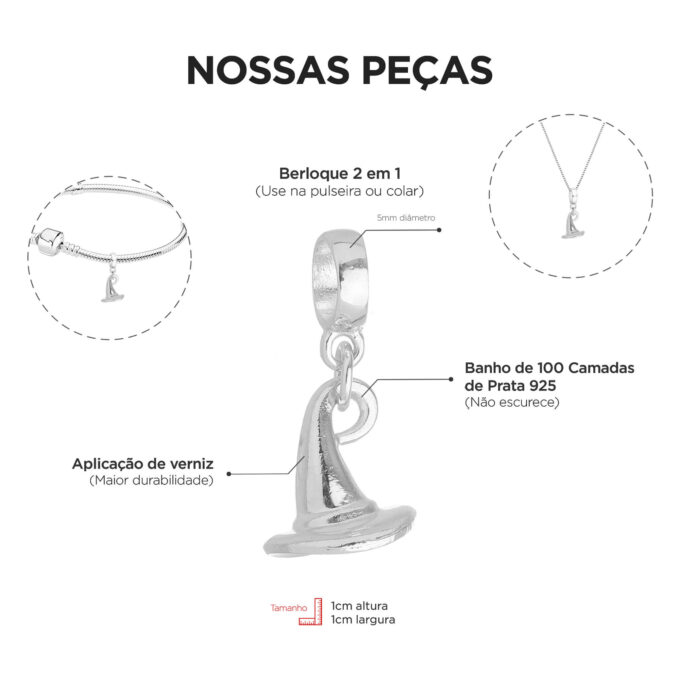 Berloque Chapéu Bruxa Banhado a Prata 925