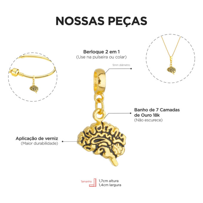 Berloque Cérebro Psicologia Banhado a Ouro 18k