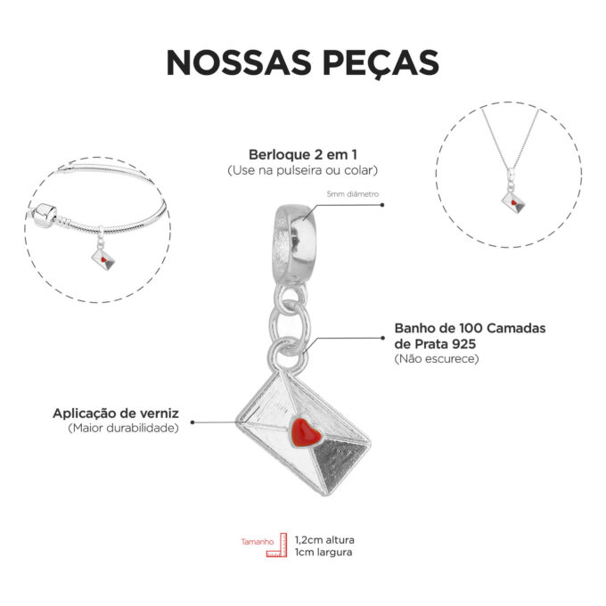 Berloque Carta Coração Banhado a Prata 925