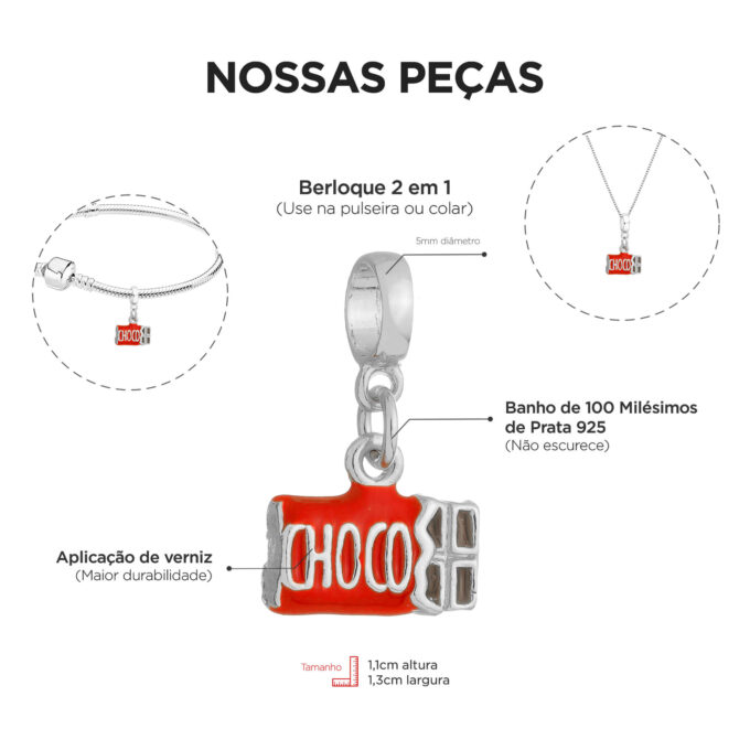 Berloque Barra Chocolate Banhado a Prata 925