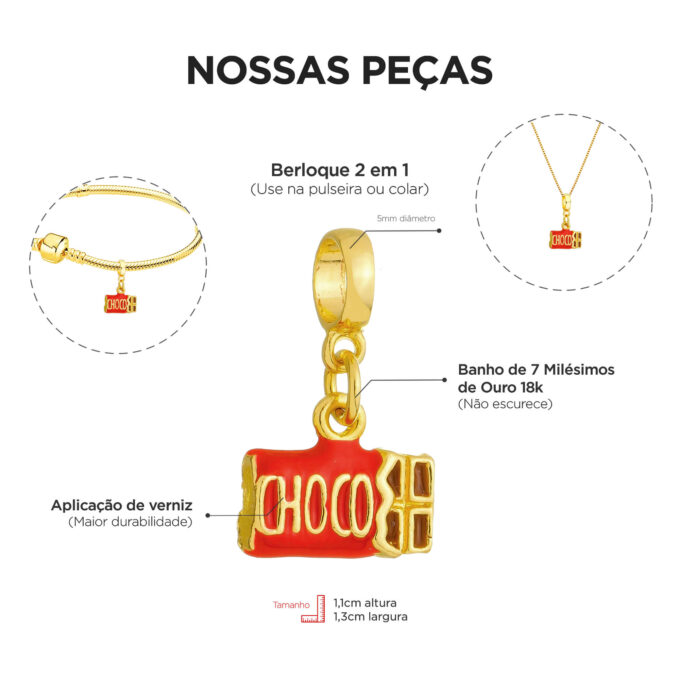 Berloque Barra Chocolate Banhado a Prata 925