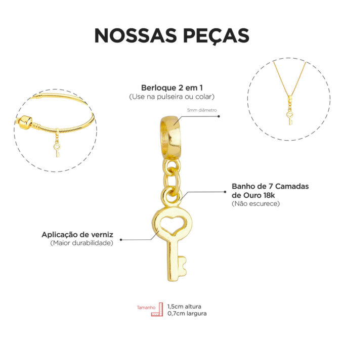 Berloque Chave Coração Banhado a Ouro 18k