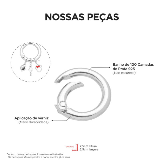 Chaveiro Para Berloque Banhado a Prata 925