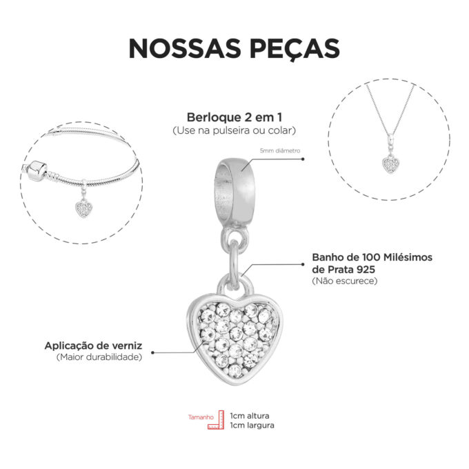 Berloque Coração Strass Banhado a Prata 925