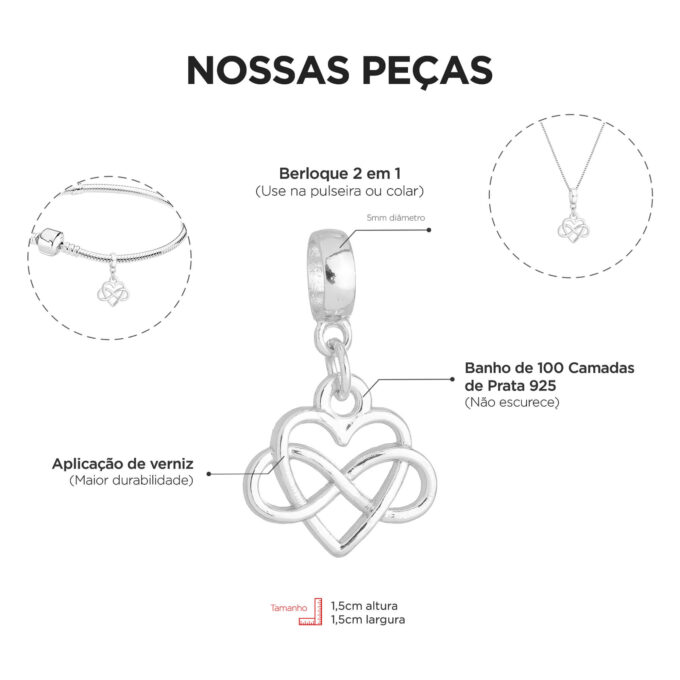 Berloque Coração Infinito Banhado a Prata 925