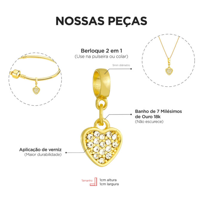 Berloque Coração Strass Banhado a Ouro 18k