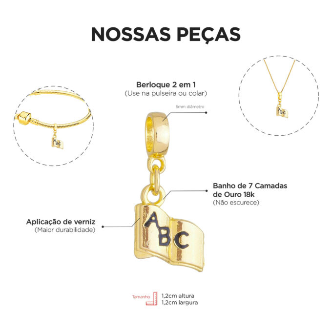 Berloque Livro Escola Banhado a Ouro 18k