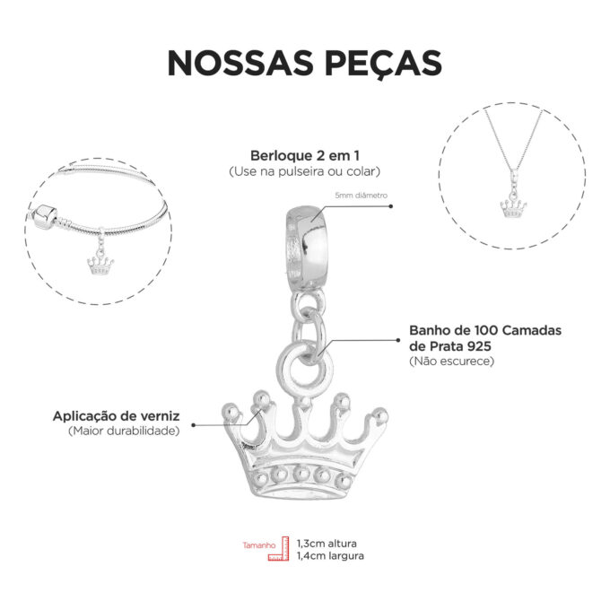 Berloque Coroa Banhado a Prata 925