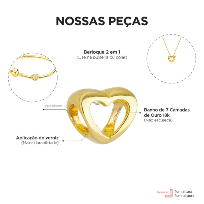 Berloque Coração Vazado Separador Banhado a Ouro 18k