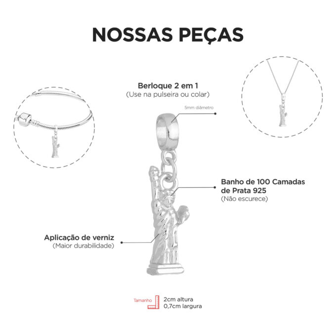 Berloque Estatua da Liberdade Banhado a Prata 925