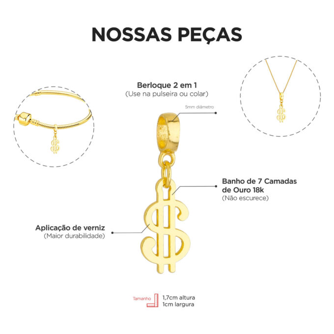 Berloque Cifrão Dinheiro Banhado a Ouro 18k