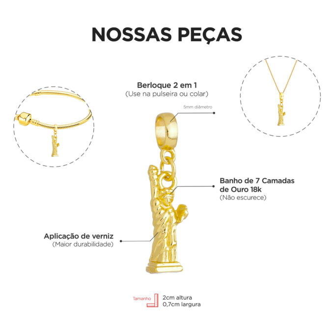 Berloque Estatua da Liberdade Banhado a Ouro 18k