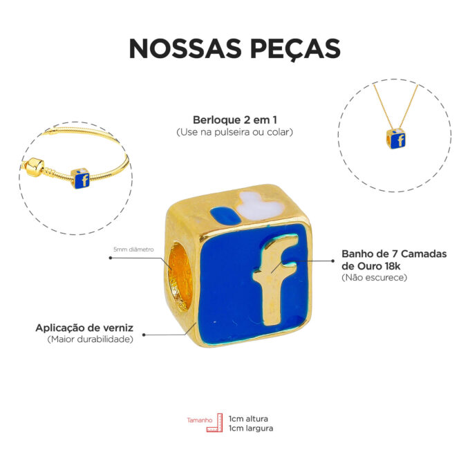Berloque Facebook Separador Dourado Banhado a Ouro 18k