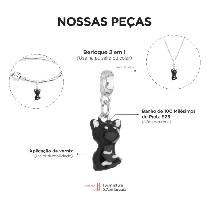 Berloque Gato Preto Banhado a Prata 925