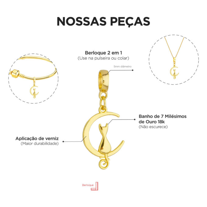 Berloque Gato na Lua Banhado a Ouro 18k