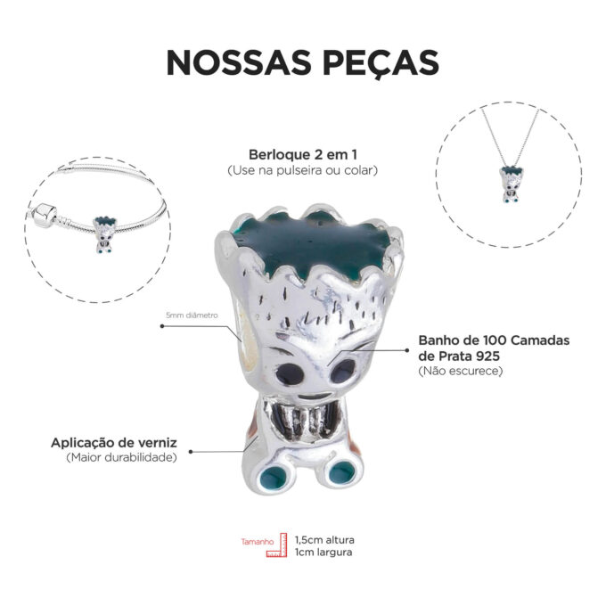 Berloque Baby Groot Separador Banhado a Prata 925