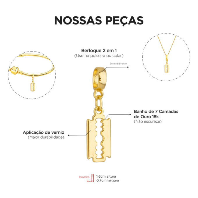Berloque Lâmina de Barbear Banhado a Ouro 18k