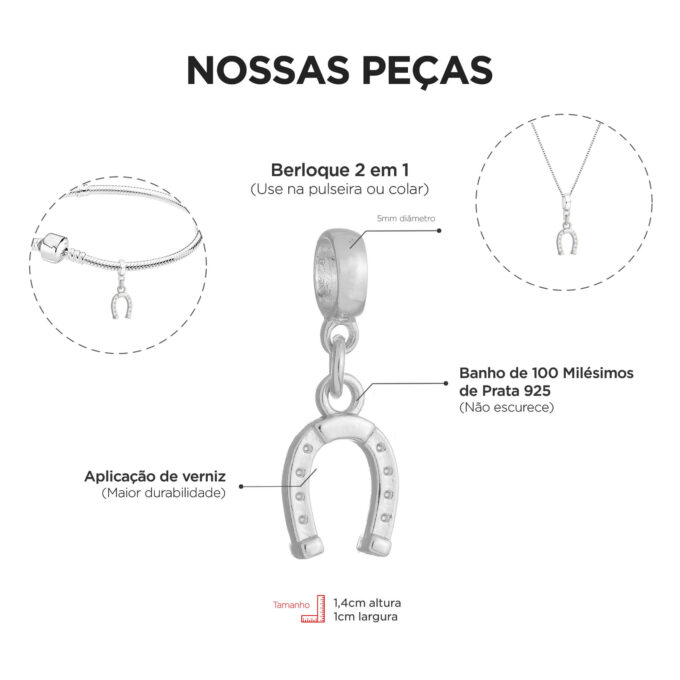 Berloque Ferradura Cavalo Banhado a Prata 925