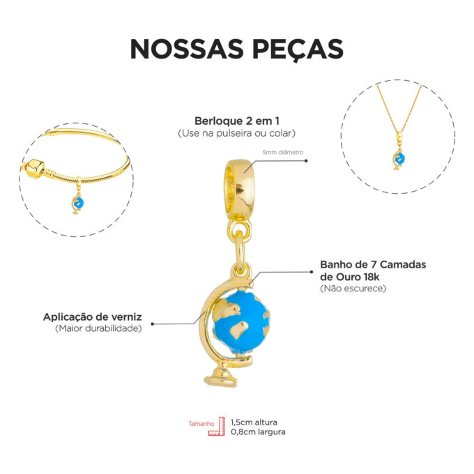 Berloque Globo Terrestre Banhado a Ouro 18k