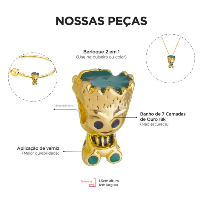 Berloque Baby Groot Separador Banhado a Ouro 18k