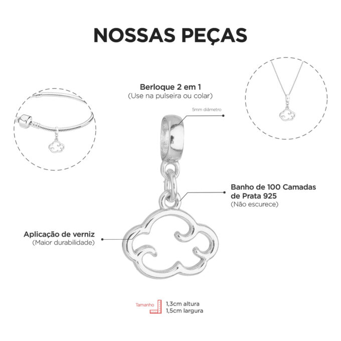 Berloque Nuvem Céu Banhado a Prata 925