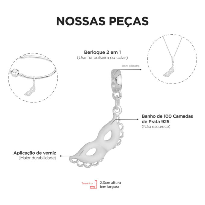 Berloque Máscara Fantasia Banhado a Prata 925