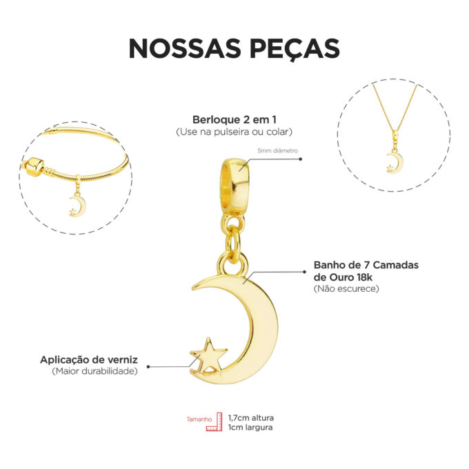 Berloque Lua com Estrela Banhado a Ouro 18k