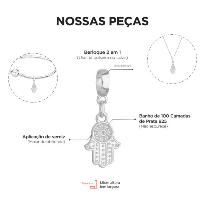 Berloque Mão de Fátima Hamsá Banhado a Prata 925