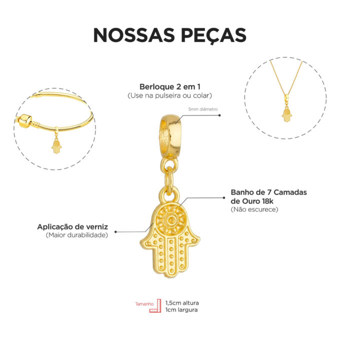 Berloque Mão de Fátima Hamsá Banhado a Ouro 18k