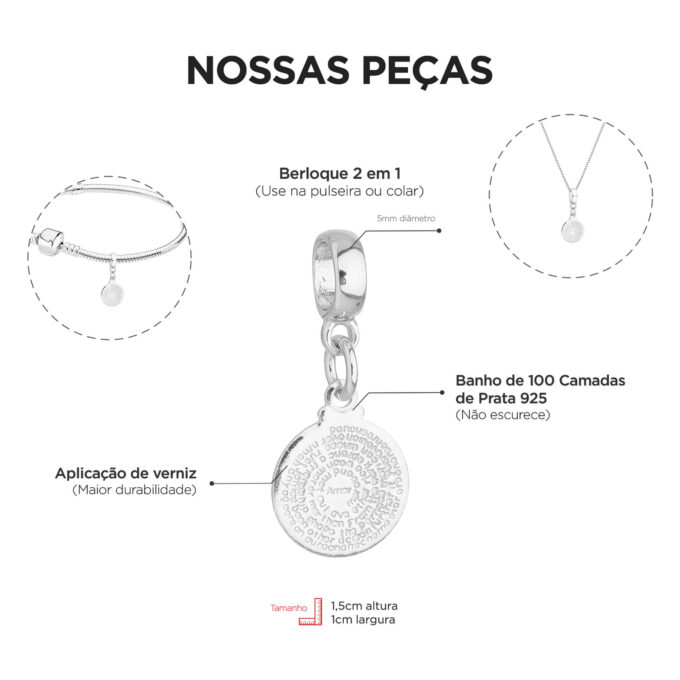Berloque Oração Pai Nosso Banhado a Prata 925