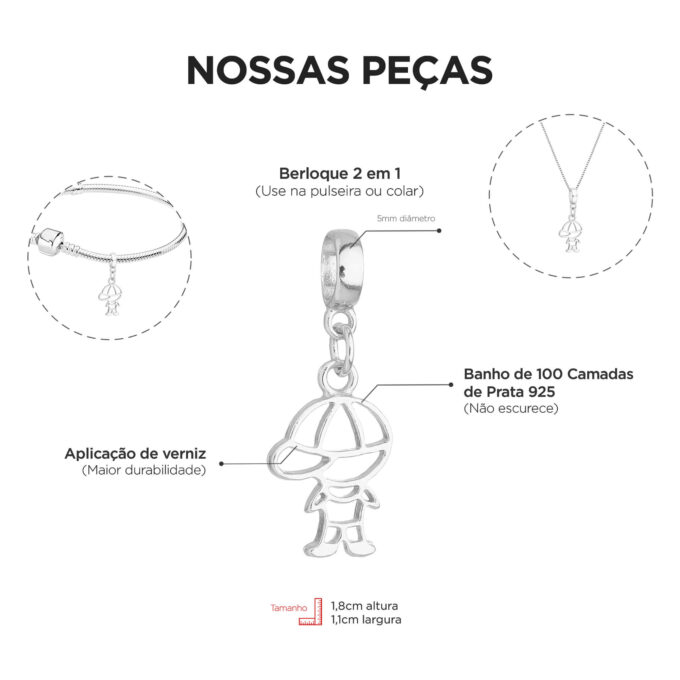 Berloque Menino Vazado Banhado a Prata 925