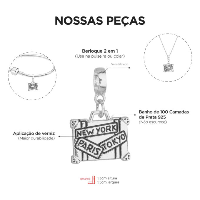 Berloque Mala de Viagem Banhado a Prata 925