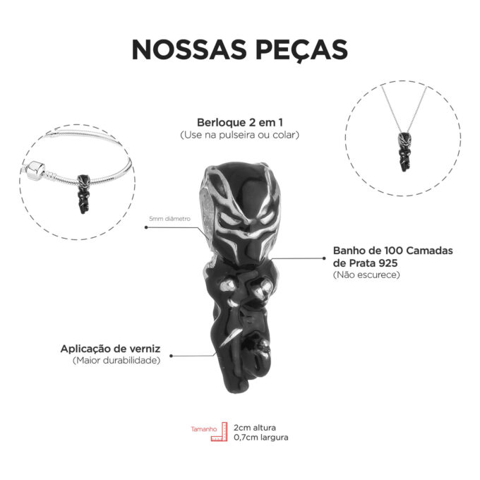 Berloque Pantera Negra Separador Banhado a Prata 925