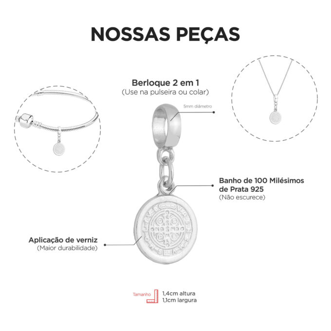 Berloque Medalha de São Bento Banhado a Prata 925