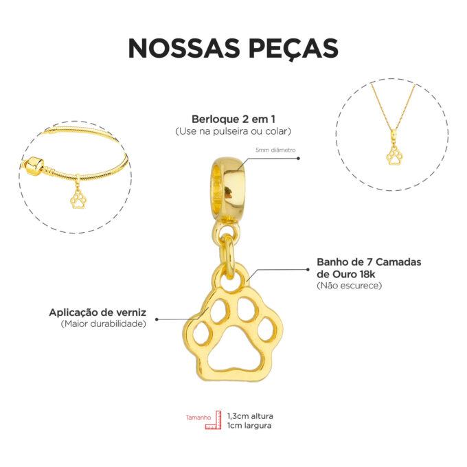 Berloque Pata de Cachorro Banhado a Ouro 18k