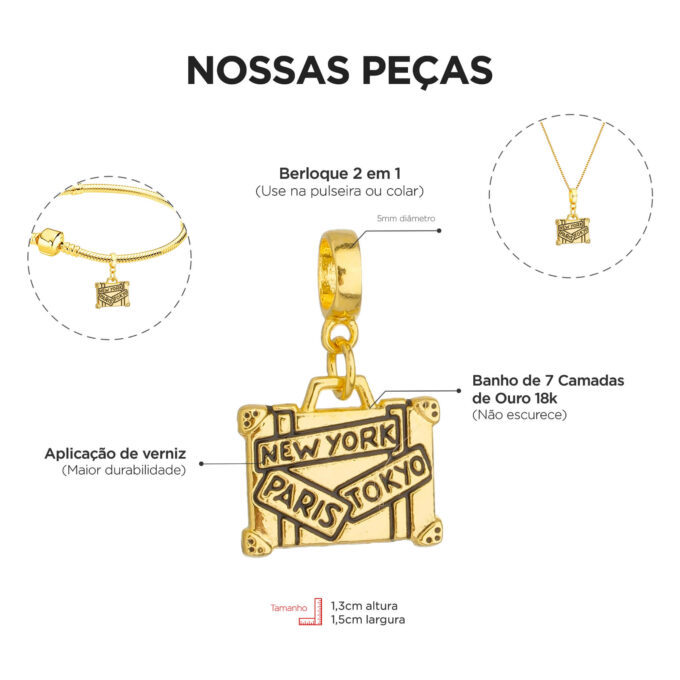 Berloque Mala de Viagem Banhado a Ouro 18k