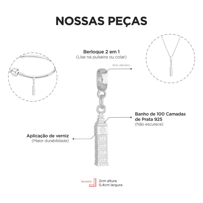 Berloque Relógio Big Ben Banhado a Prata 925