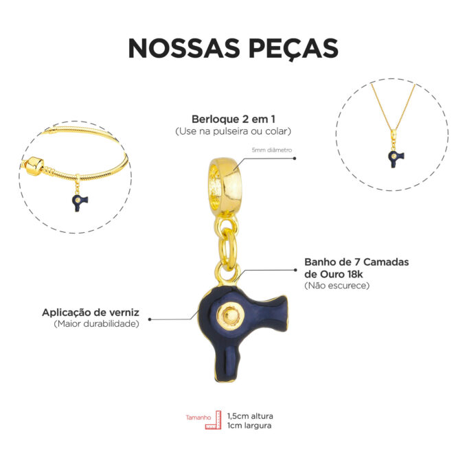 Berloque Secador de Cabelo Banhado a Ouro 18k