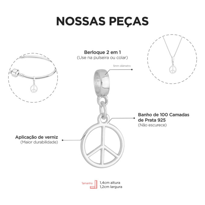 Berloque Símbolo Paz Banhado a Prata 925
