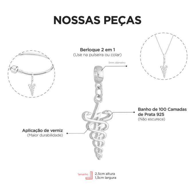 Berloque Profissão Fisioterapia Banhado a Prata 925