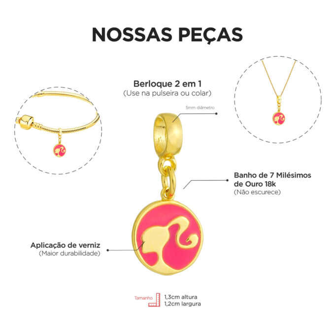 Berloque Barbie Redonda Banhado a Ouro 18k