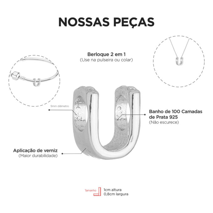 Berloque Letra U Separador Banhado a Prata 925